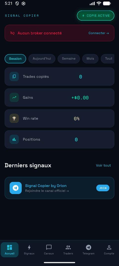 Tableau de bord Signal Copier : trades copiés, gains et win rate en temps réel