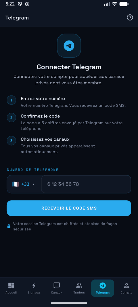 Écran de connexion Telegram de l'application Signal Copier, en 3 étapes