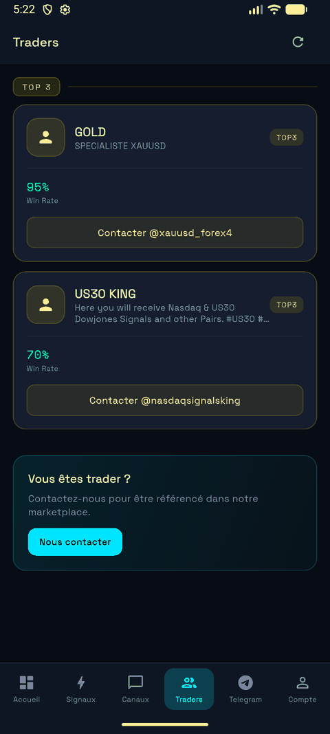 Marketplace de traders vérifiés avec leur win rate dans l'application Signal Copier